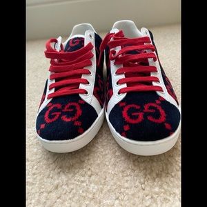 GUCCI Wool Big GG Monogram Sneaker, Navy & Red, 39 (European)